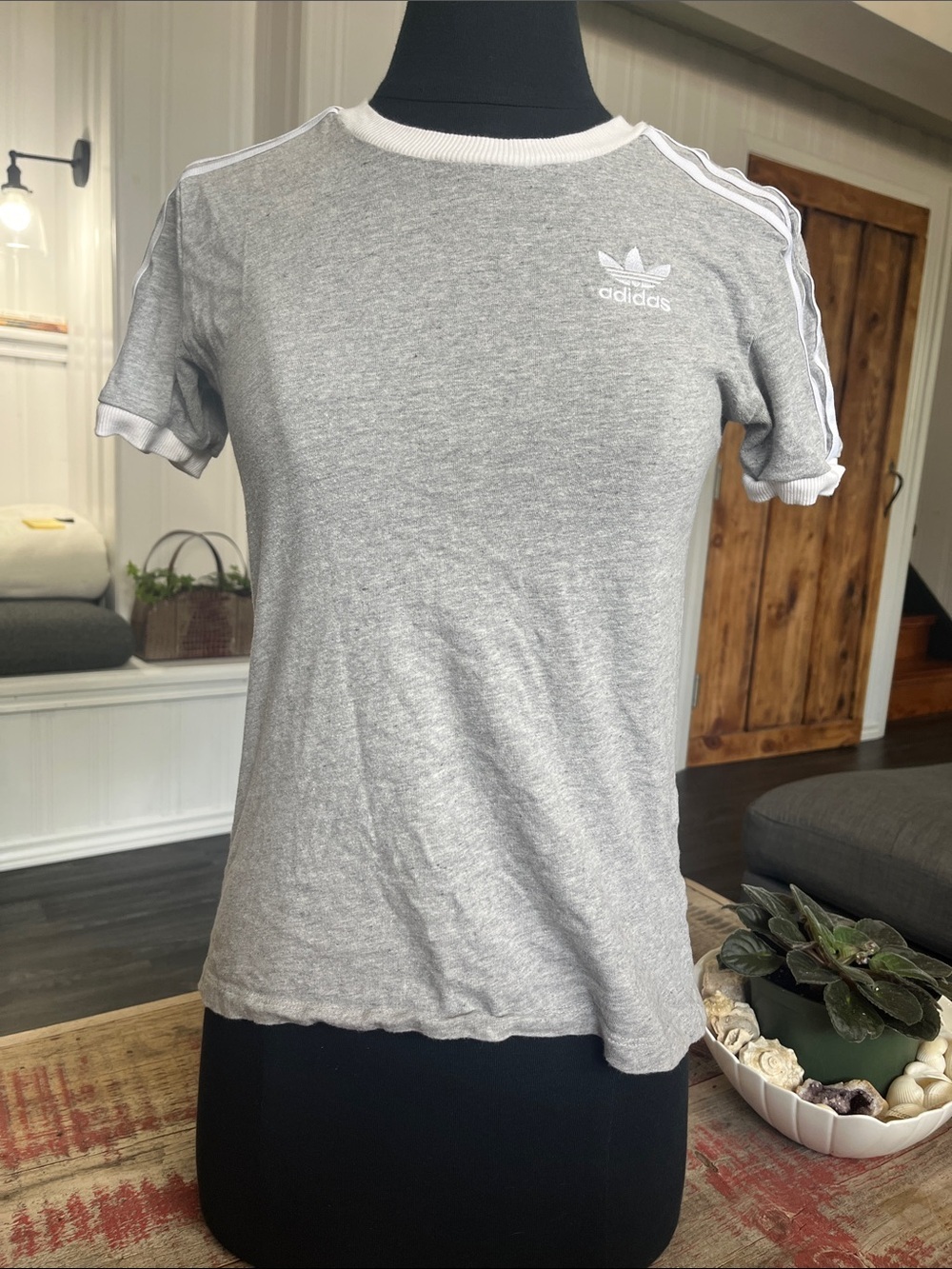 adidas Gray Short Sleeve Trefoil Stripe Crew Tee